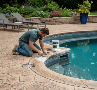Repair of stamped concrete pool deck | Charleston Concrete