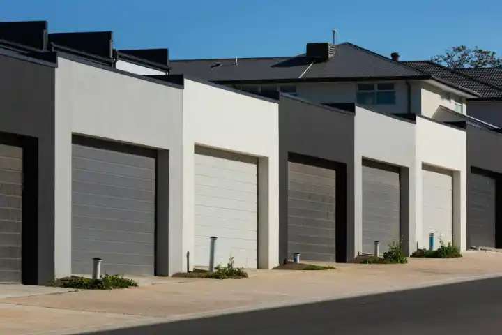 Row of modern garages with dark grey exteriors | Charleston Concrete