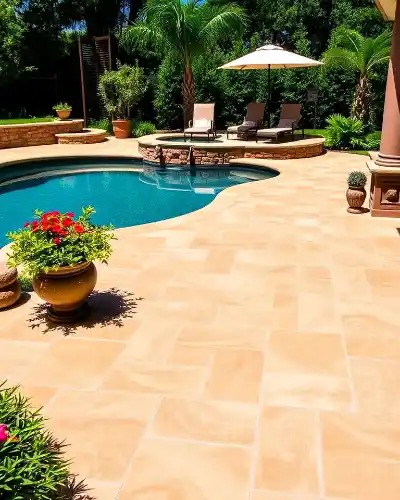 Travertine-style stamped concrete pool deck finish | Charleston Concrete