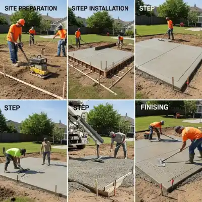 Workers installing concrete patio through successive construction stages | Charleston Concrete